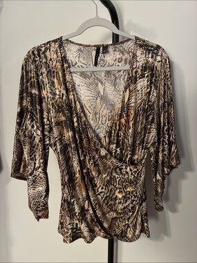 Chiasso Animal Print Surplice Blouse Brown Gold Metallic Sequins Large Womens